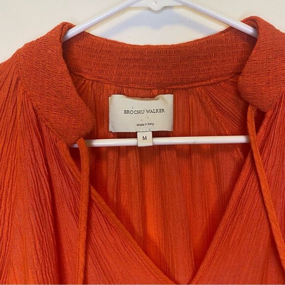 BROCHU WALKER Amaia Tie-Neck Crinkle Blouse in Papaya Orange Sz Medium - Picture 5 of 11